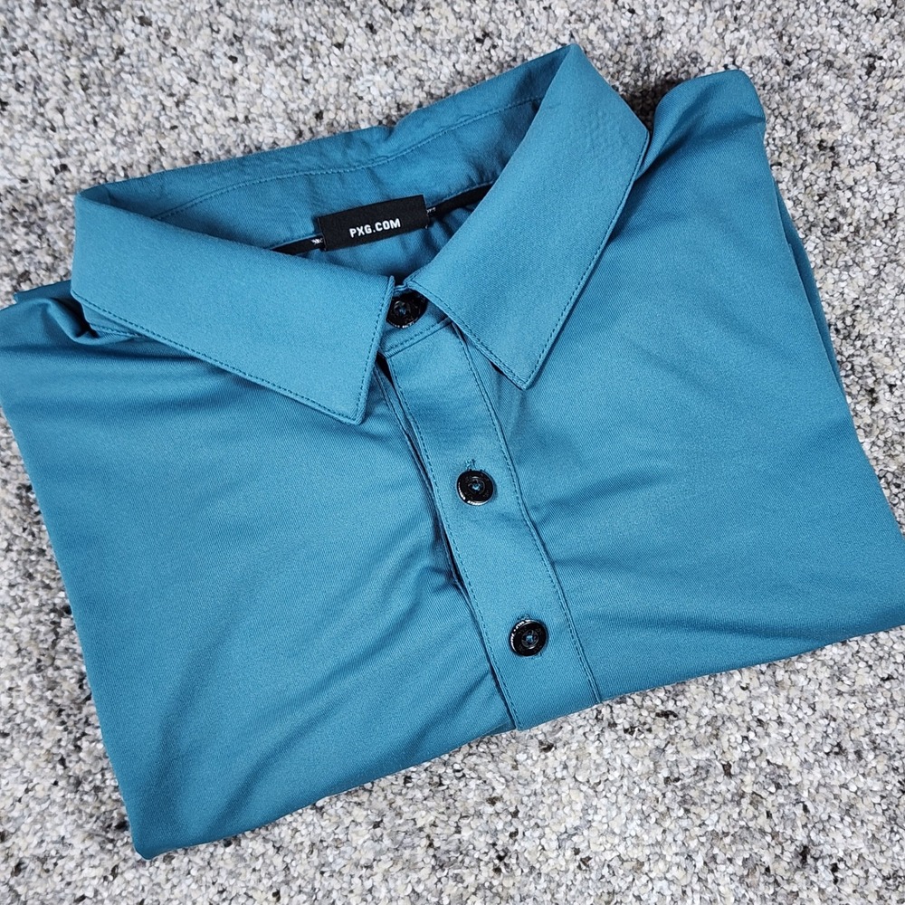 PXG Polo Shirt Mens Medium Teal Blue Performance Stretch Golf Top Excellent